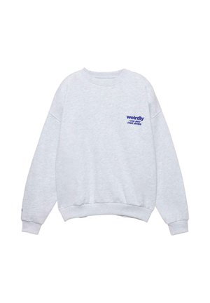 Grau Crewneck Sweatshirt mit lässiger Passform, langen Ärmeln, gerippten Bündchen und einem kleinen blauen grafischen Text auf der Vorderseite. Weiche Stofftextur.