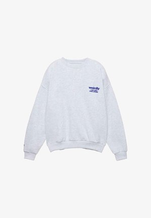 Grå crewneck sweatshirt med en afslappet pasform, lange ærmer, ribbede manchetter og en lille blå grafisk tekst på forsiden. Blødt stof.