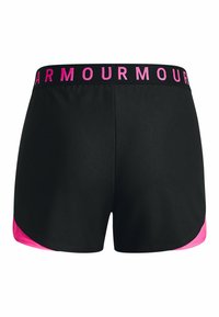 Pantalones cortos deportivos negros con un acento rosa a lo largo del dobladillo. Presentan una amplia cinturilla negra con "ARMOUR" en letras rosas. Textura suave.