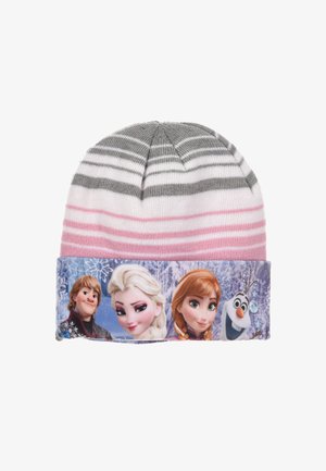 Knitted beanie in light pink and gray stripes, featuring characters from "Frozen" on a printed band with a snowflake background.