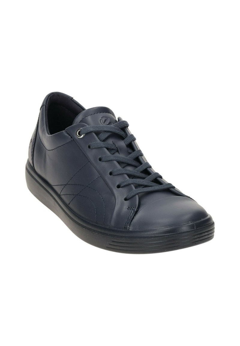 Marineblaue Ledersneaker mit glatter Textur, runder Schuhspitze und tonalem Stich. Flache Gummisohle und Schnürverschluss mit metallenen Ösen.