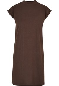 Bruine katoenen jurk met een hoge halslijn, korte opgerolde mouwen en een relaxed fit. Glad textuur, knielange ontwerp en geen zichtbare patronen.