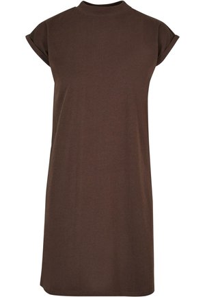 Robe en coton marron avec un col haut, des manches courtes retroussées et une coupe décontractée. Texture lisse, design à longueur genoux, sans motifs visibles.