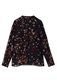 Långärmad blus i genomskinlig svart tyg, med ett mönster av flerfärgade prickar (röd, grön och rosa) och en subtil veck vid halsen.