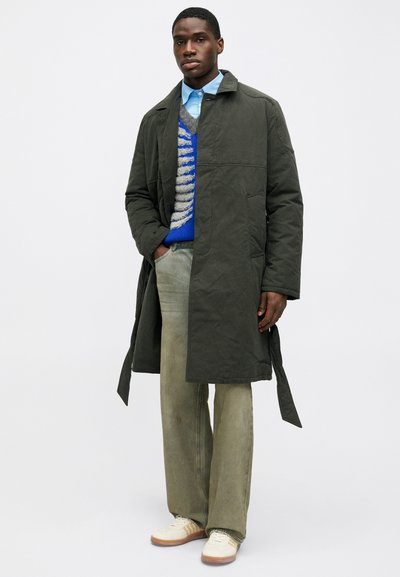 Palton verde măsliniu, de lungime medie, cu guler. Asortat cu un pulover albastru cu model, cămașă albastră deschisă și pantaloni verzi deschiși.