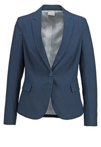 Blazer bleu marine à un bouton avec revers crantés, manches longues, poches à rabat et doublure intérieure gris clair.