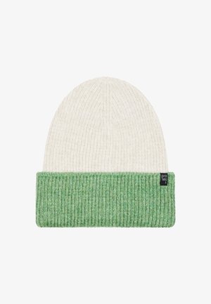 Strickmütze mit cremfarbener Oberseite und grünem geripptem Bund. Hergestellt aus weichem Material und mit einem kleinen Markenetikett an der Seite.