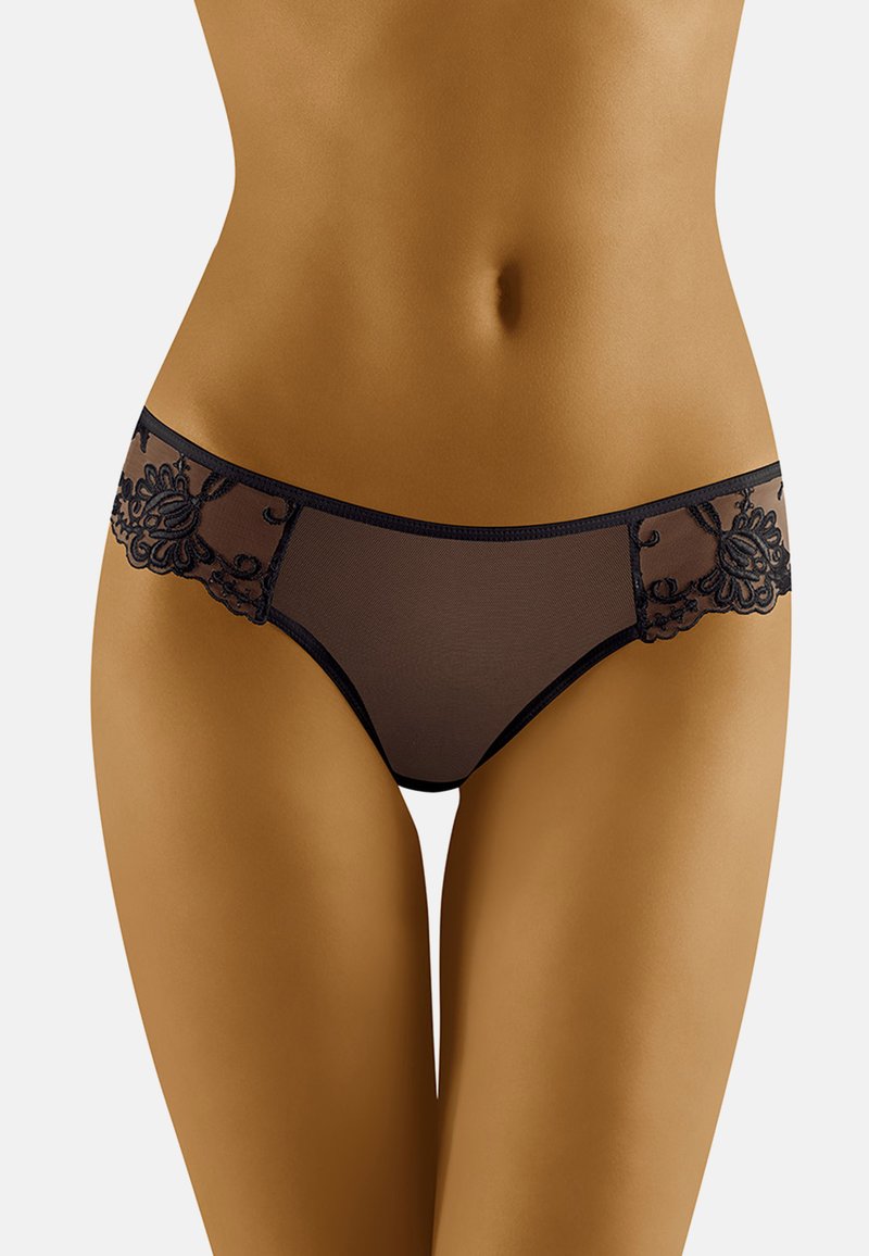Zwarte doorschijnende lingerie met bloemenkantaccenten, met een lage taille en een gladde textuur, die een delicate en elegante uitstraling benadrukt.