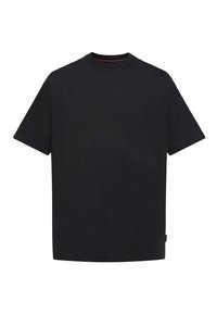 Černé bavlněné tričko s kulatým výstřihem, krátkými rukávy a rovnými okraji. Má malou logo nášivku na boku. Jednoduchý, nezdobený design.