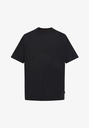 Effen zwart T-shirt met korte mouwen en ronde hals, met een klein stoffen label aan de linkerkant van de zijnaad.