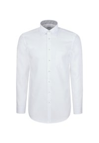 Witte langemouwen overhemd gemaakt van gladde stof. Heeft een knoopsluiting aan de voorkant, klassiek kraag, enkele borstzak en gestructureerde naden.