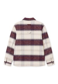 Sacou în carouri cu o bază crem, având dungi bordo și albastre. Fabricat dintr-un material texturat, include un guler și manșete cu nasturi.