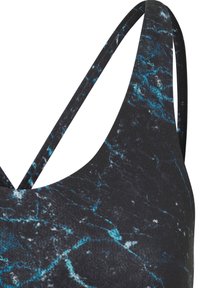Black sports tank top featuring a textured fabric with dark blue and white marble-like patterns. It has thin, crisscross straps.