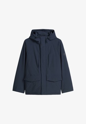 Granatowa wodoodporna kurtka z kapturem, zamkiem z przodu, dwoma bocznymi kieszeniami, elastycznymi mankietami i gładką fakturą. Posiada regulacje na ściągaczu.