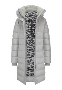 Hellgraue Daunenjacke mit Reißverschluss, geripptem Kragen und Futter mit Leopardenmuster. Ausgestattet mit Druckknöpfen und strukturierten Strickbündchen.