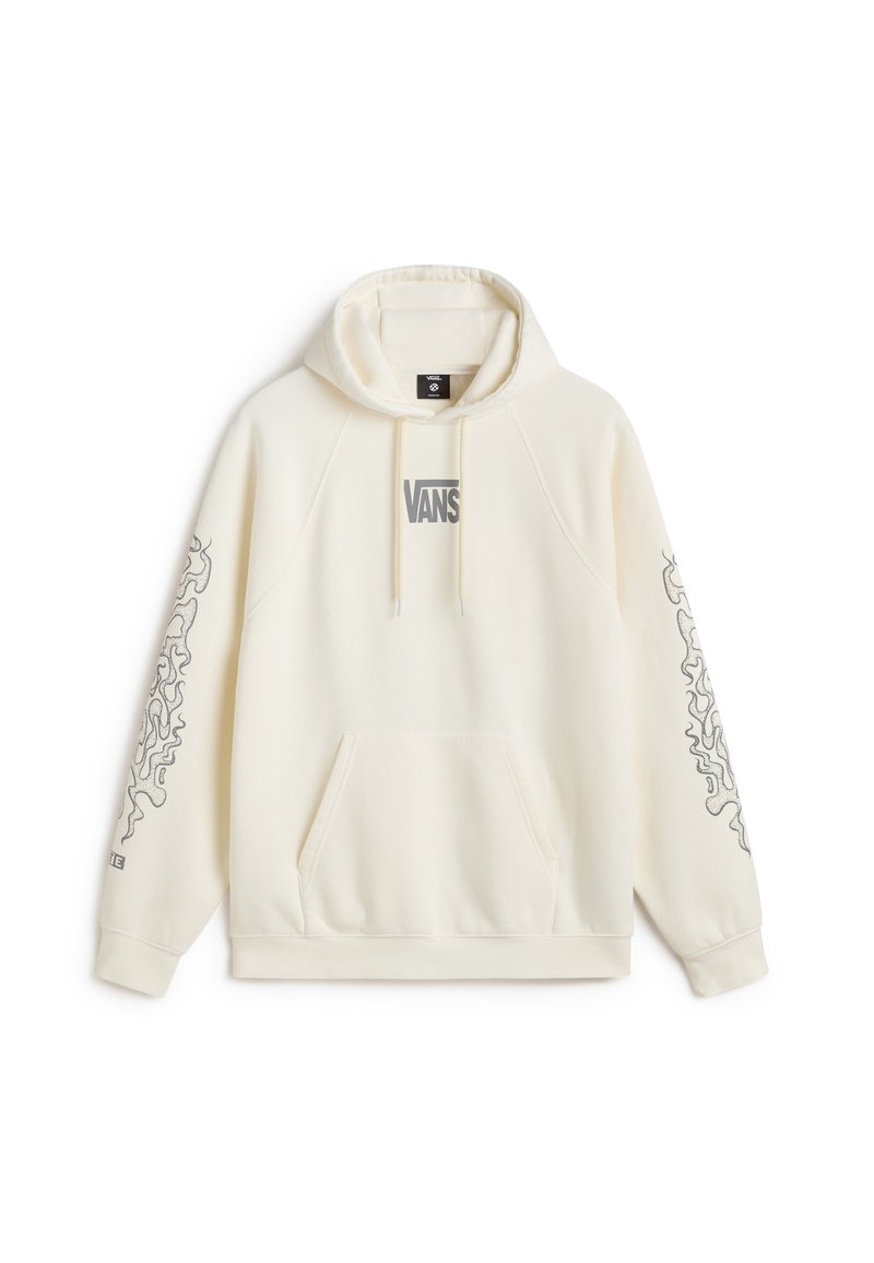 Sudadera crema con un logo frontal y un diseño gráfico en las mangas. Cuenta con un bolsillo tipo canguro y capucha con cordón. Tela suave y texturizada.