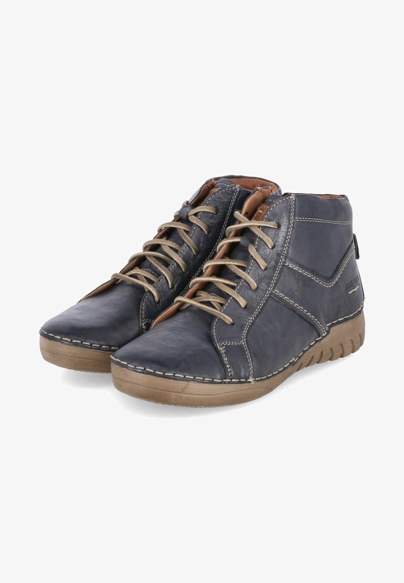 Bottes chevilles en cuir bleu foncé avec lacets et coutures beige, intérieur rembourré marron, et semelles en caoutchouc marron clair.