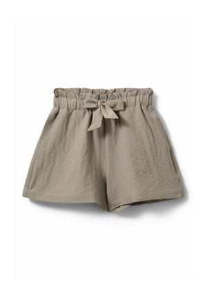 Bézs színű, texturált anyagból készült rövidnadrág magas, elasztikus derékpánttal és az elülső középen kötött masnival, oldalán zsebekkel.