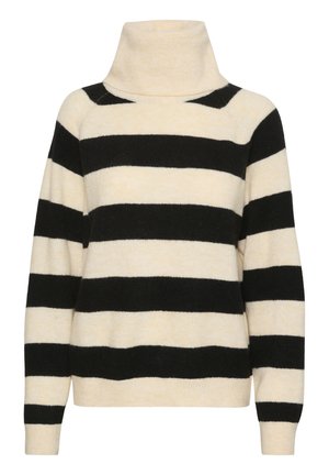Striped sweater with a high neck, featuring alternating black and cream bands. Made from soft fabric with ribbed cuffs and hem.