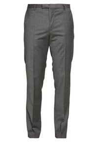 Graue maßgeschneiderte Hose aus einem strukturierten Stoff, mit einem glatten Bund, vorderen Falten und geradem Bein.
