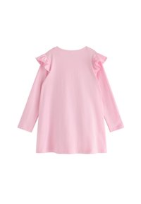 Abito a maniche lunghe in morbido tessuto rosa fatto in tinta unita, caratterizzato da dettagli arricciati sulle spalle e una scollatura arrotondata. Vestibilità semplice e ampia.