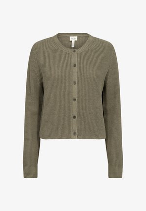 Olivgrön stickad cardigan, kort design, rund halsringning, långa ärmar, knäppning fram med knappar, texturerad tyg, fyra synliga knappar.