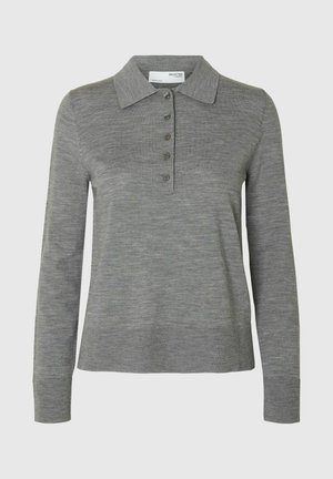 Šedá dlouhá polo košile vyrobená z měkkého materiálu, s límečkem, polovičním knoflíkovým zapínáním s pěti knoflíky a žebrovanými manžetami.