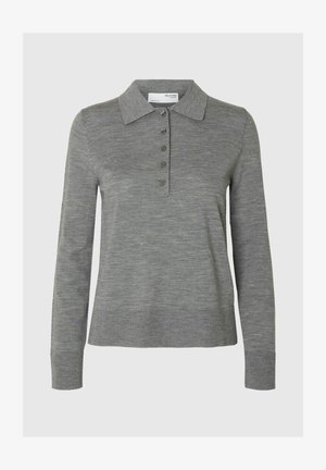 Polo gris à manches longues fabriqué en matériau doux, avec un col, une patte de boutonnage demi-ouverte avec cinq boutons et des poignets côtelés.
