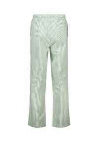 Groen en witte verticaal gestreepte broek met elastische tailleband en een enkele achterzak, gezien vanaf de achterkant.