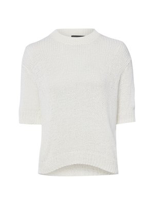 Biały dziergany sweter z krótkim rękawem, okrągłym dekoltem i lekko zakrzywionym dołem.