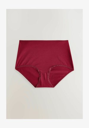 Mutande da donna in cotone rosso scuro a vita alta, con copertura totale e vita elastica, sistemate su uno sfondo chiaro.