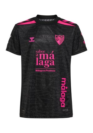 Sort sportstrøje med pink logoer og tekst med "sabor a Málaga," "Málaga es Provincia," samt et pink Málaga CF klubmærke på fronten.