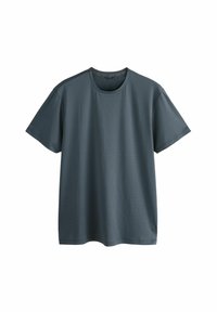 Ciemnoszara, krótko rękawowa koszulka z teksturowanej tkaniny. Okrągły dekolt i minimalistyczny design, bez widocznych wzorów czy akcentów.