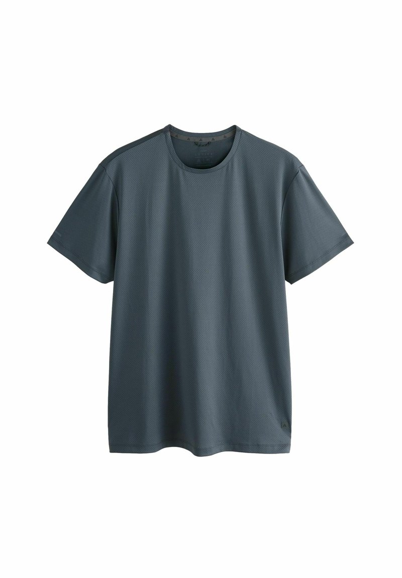T-shirt à manches courtes gris foncé en tissu texturé. Encolure ronde et design minimaliste sans motifs ni accents visibles.