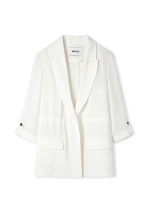 Weißer Blazer für Damen mit Notch-Revers, dreiviertel Ärmeln mit Knopfklappen, zwei Front-Blasen Taschen und offenem Frontdesign.