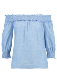 Ljusblå av-axeln-top i texturerad tyg, med rynkad smock vid halsringningen och ärmarna.