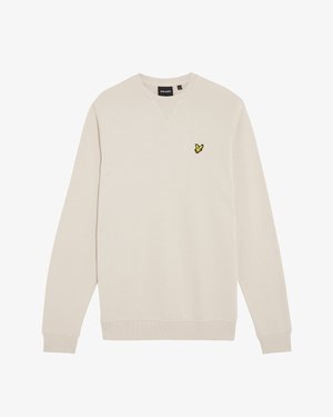 Lichtbeige sweatshirt met lange mouwen, V-halsontwerp, geribbelde manchetten en zoom. Heeft een klein geel vogellogo op de borst.