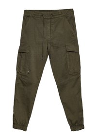 Olijfgroene cargo pants met elastische manchetten en een tailleband met trekkoord; voorzien van meerdere zijzakken en een gestructureerde stof.