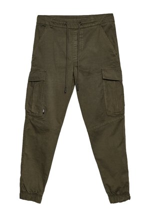 Olive green cargo pants with elastic cuffs and a drawstring waistband; features multiple side pockets and a textured fabric.