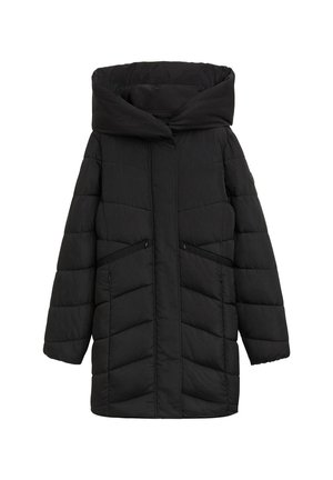 Abrigo acolchado negro con capucha amplia, presenta un diseño acolchado, dos bolsillos frontales y una silueta recta. Material duradero y de longitud media.