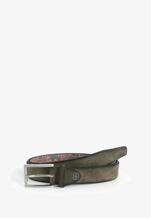 Suede belt in dark green with a silver rectangular buckle. Interior features a patterned lining in warm colors. Flat, smooth texture.