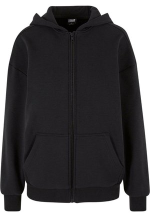 Svart zip-up hoodie, tillverkad av mjukt material, har en framzipper, två sidofickor och en justerbar huva. Slät textur och avslappnad passform.