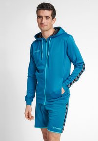 Blå sportssæt bestående af en zip-up hoodie med mønstrede ærmer og shorts. Fremstillet af åndbart materiale med en struktureret overflade.