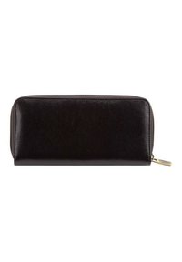 Portefeuille en cuir noir avec une texture lisse, fermeture éclair et quincaillerie dorée. Forme rectangulaire sans motifs visibles.
