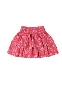 Gonna a strati rossa con vita elastica, caratterizzata da un motivo floreale di fiori blu e bianchi. Tessuto leggero con un design arricciato.