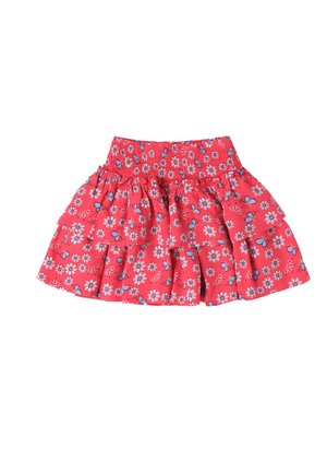 Gonna a strati rossa con vita elastica, caratterizzata da un motivo floreale di fiori blu e bianchi. Tessuto leggero con un design arricciato.