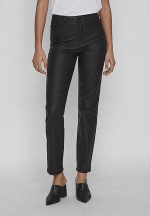 Pantalones negros ajustados con una textura suave, tiro alto y cierre de botón en la parte delantera. Presenta un diseño clásico de cinco bolsillos.