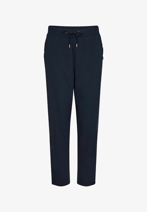 Pantaloni de sport bleumarin, din material moale, cu talie cu șnur, buzunare laterale și picioare conice pentru un fit confortabil.