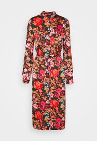 Robe à manches longues, boutonnée avec col et ceinture à nouer, présentant un motif floral coloré en rouge, rose, orange et bleu sur un fond sombre.
