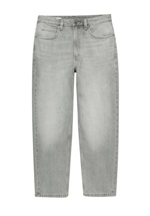 Jean gris clair à jambes droites avec fermeture bouton et zip, passants de ceinture, et poches avant et arrière.